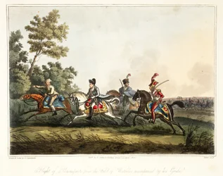 Flight of Buonaparte from the Field of Waterloo Accompanied by His Guide, engraved by Rouse